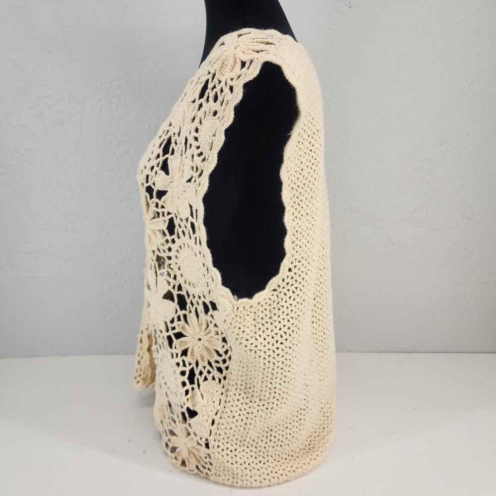 Yarnworks Large | Cream Crochet Floral Ramie Cotton Knit Vest Boho Vintage - Picture 3 of 6